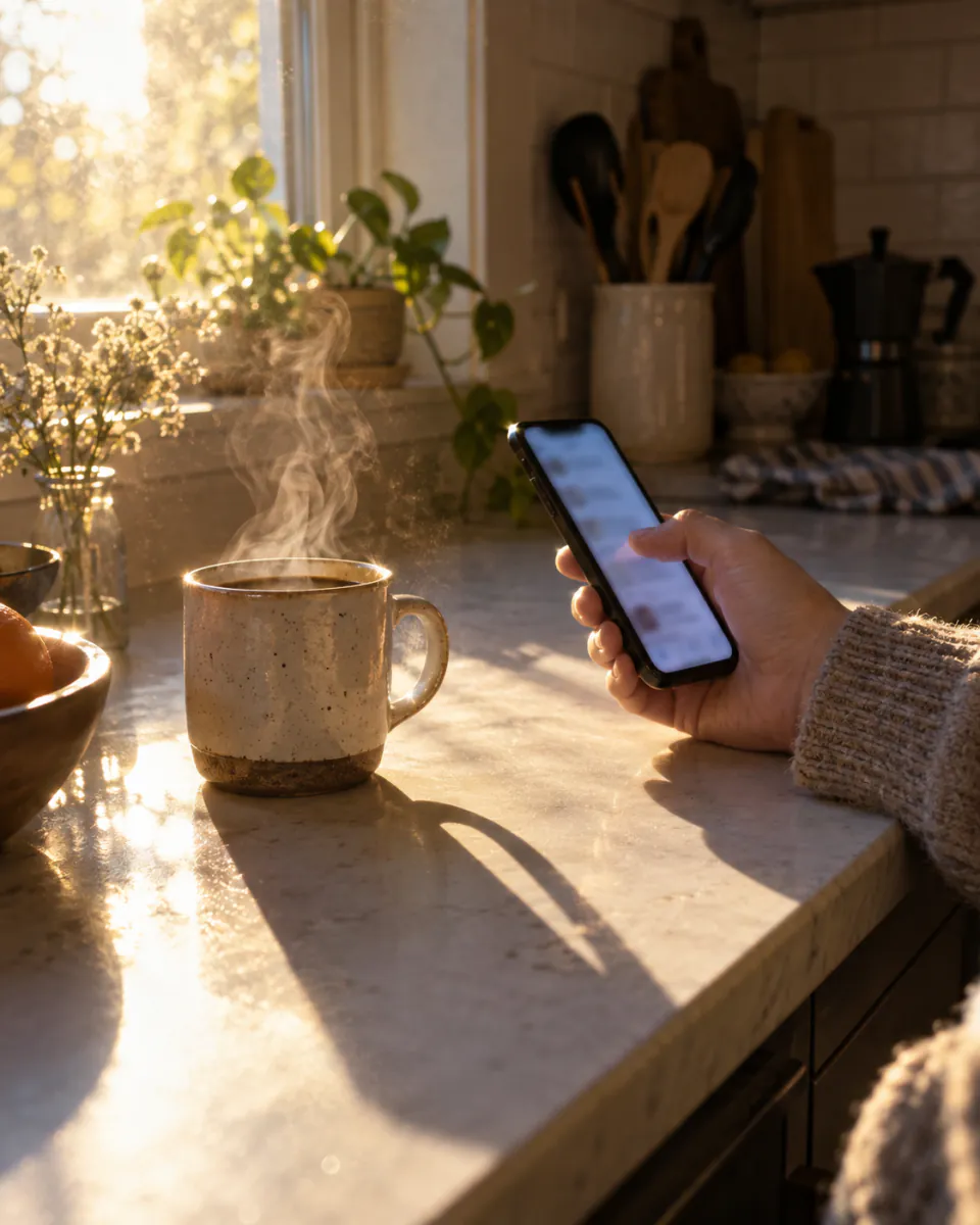 A hand scrolling a phone beside a steaming mug in morning sun.