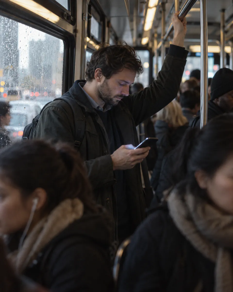 A man reading his phone on a crowded rush-hour bus.