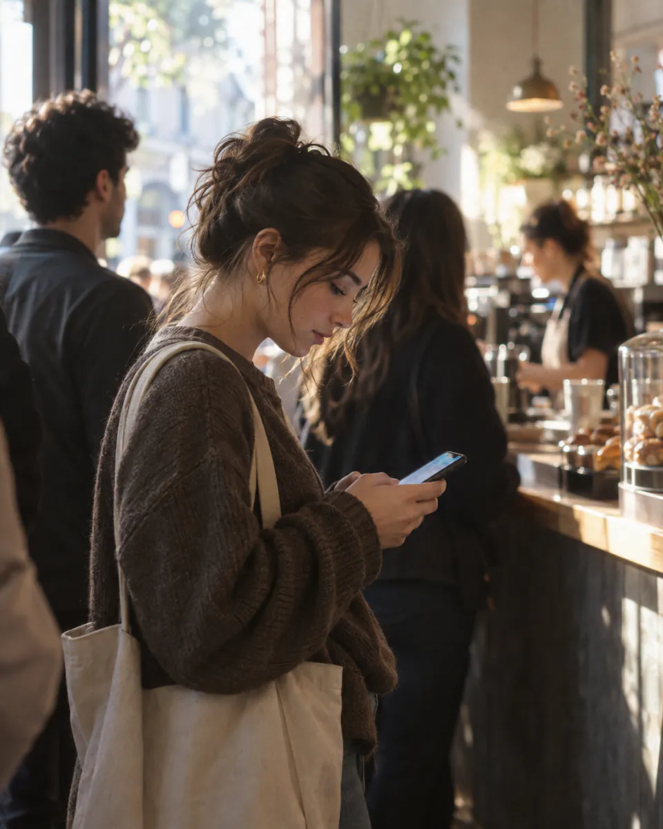 A woman glancing at her phone while waiting in line at a coffee shop.