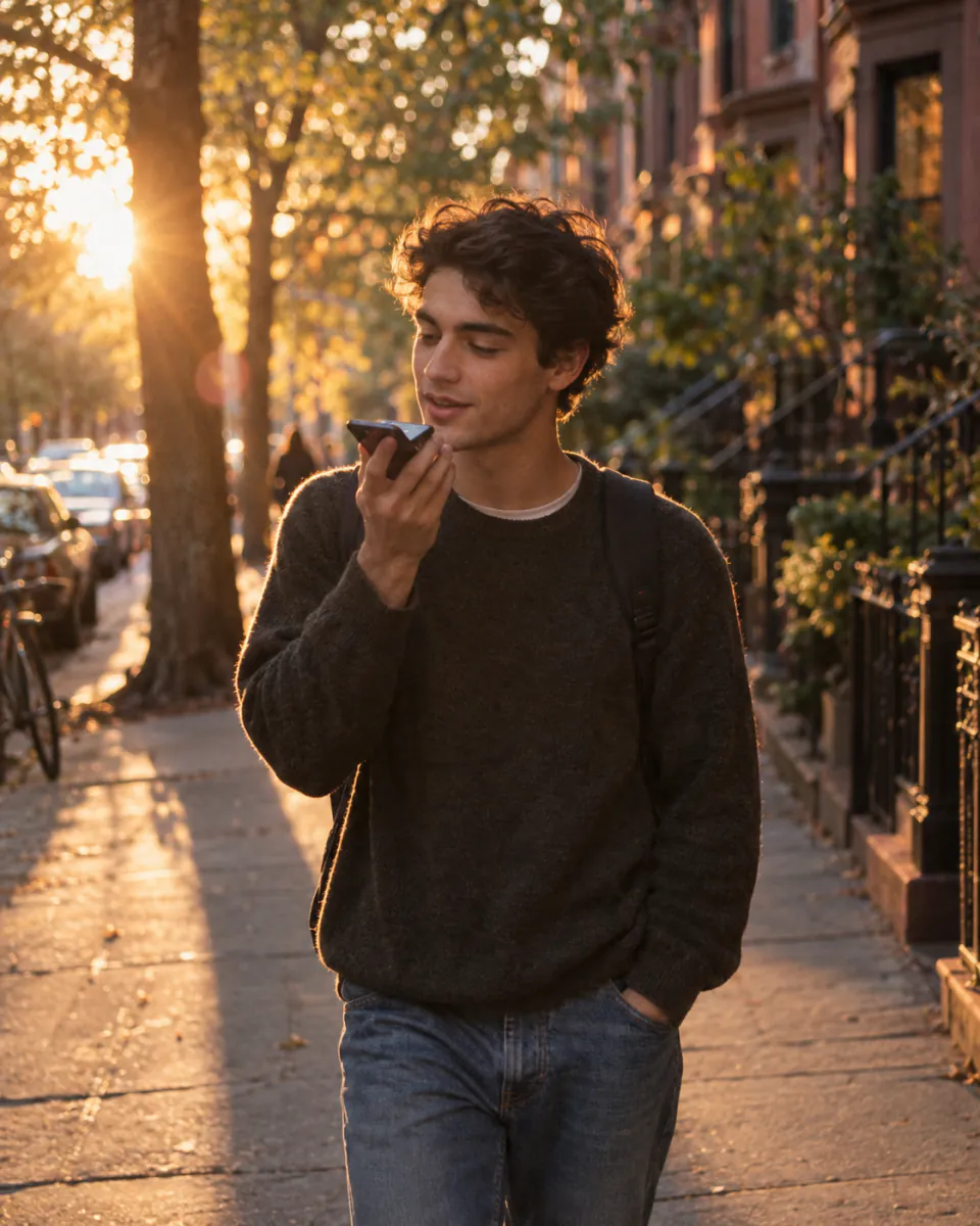 A young man speaking into his phone on a sunlit sidewalk.