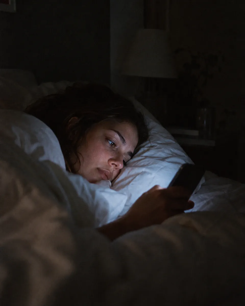 A face lit by a phone in a dark bedroom.
