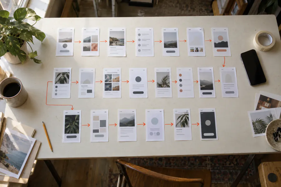 Printed app screens laid out as a user flow on a studio table, joined by red marker arrows.