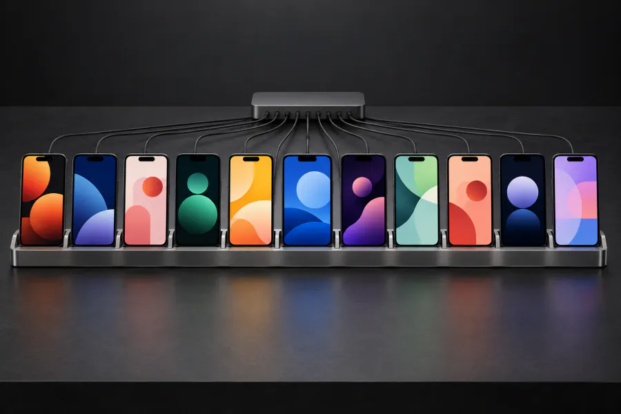 A row of test phones in a rack, each running a different app screen.