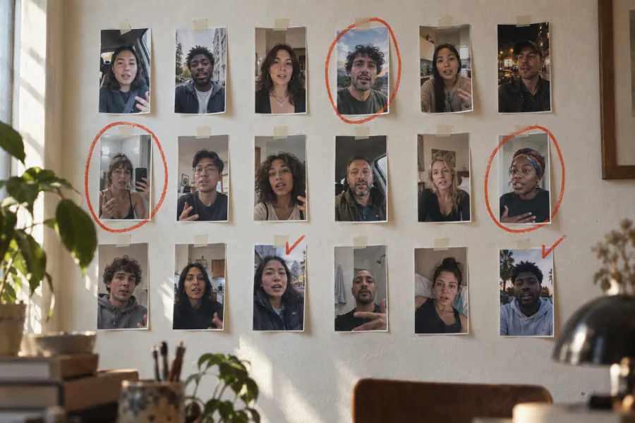 A studio wall of printed selfie-video ad frames, the winners circled in red.